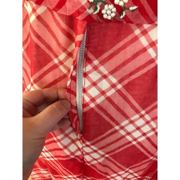 70s Gingham Maxi Dress Red Picnic Long Embroidered Garden Longsleeve 2 Piece Set - Picture 9 of 10